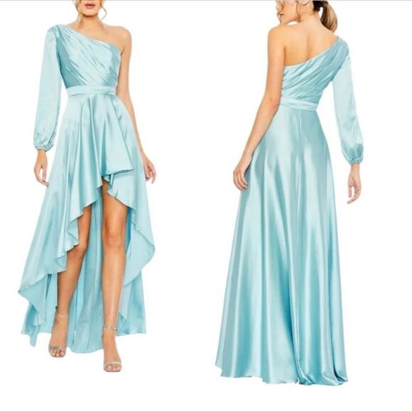 Mac Duggal Blue Long Sleeve Satin One Shoulder High Low Gown| Size 6 - Picture 1 of 11